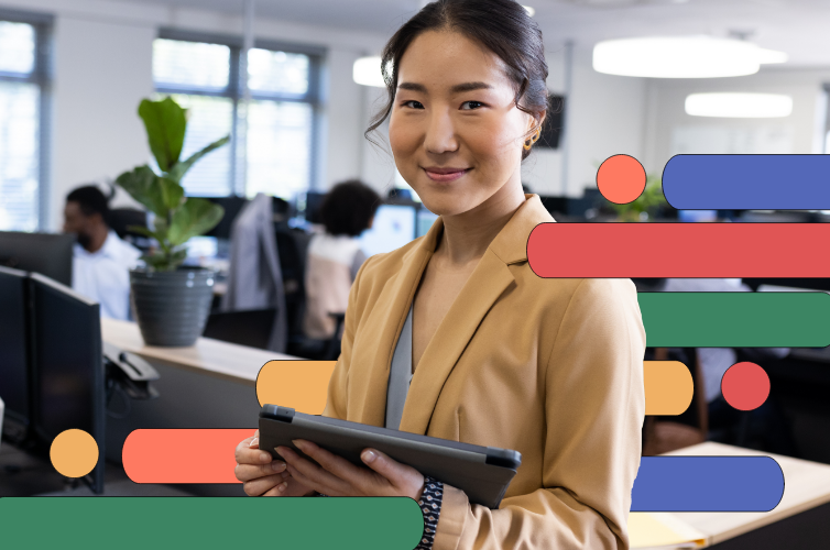 Woman smiling and holding a tablet, represtenting professional development