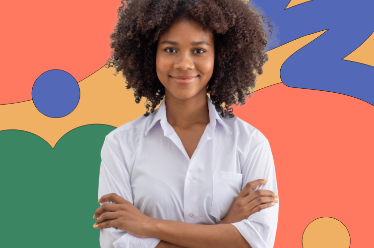 Woman smiling with her arms crossed in front of a colourful background