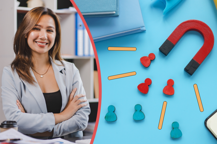 Person smiling next to a magnet pulling employees in, representing employee retention